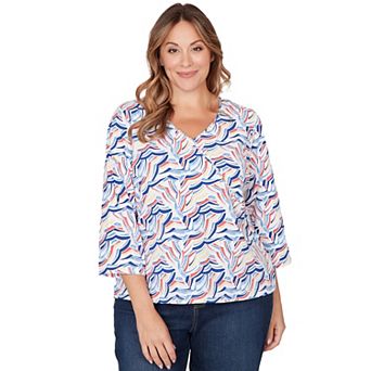 Hearts of Palm Plus Size Smooth Sailing Printed Jersey Surplice Top With 3/4 Sleeves
