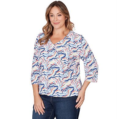 Hearts of Palm Plus Size Smooth Sailing Printed Jersey Surplice Top With 3/4 Sleeves