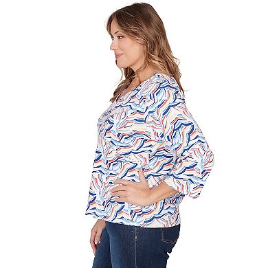 Hearts of Palm Plus Size Smooth Sailing Printed Jersey Surplice Top With 3/4 Sleeves