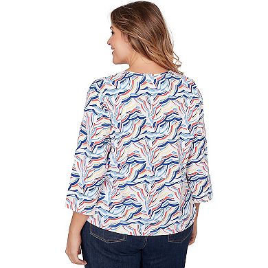 Hearts of Palm Plus Size Smooth Sailing Printed Jersey Surplice Top With 3/4 Sleeves