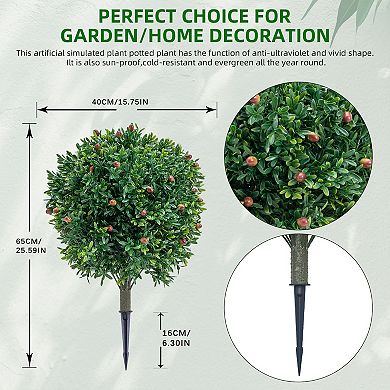 2pcs Artificial Olive Topiary Trees with Fruits, PE Leaves & Flowers on Plastic Stems, Metal Stakes