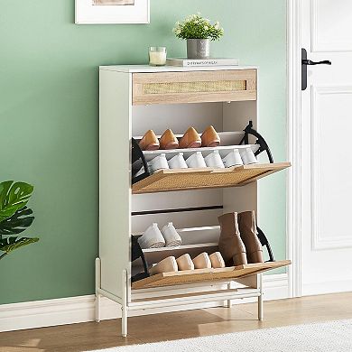 ANIXOL Narrow Shoe Cabinet with Flip Doors, Drawer & Rattan Accents