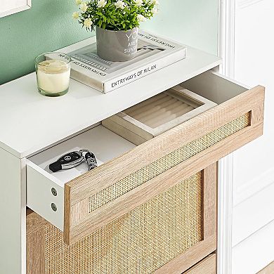 ANIXOL Narrow Shoe Cabinet with Flip Doors, Drawer & Rattan Accents