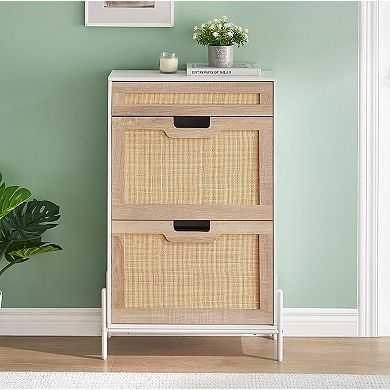 ANIXOL Narrow Shoe Cabinet with Flip Doors, Drawer & Rattan Accents