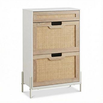 ANIXOL Narrow Shoe Cabinet with Flip Doors, Drawer & Rattan Accents