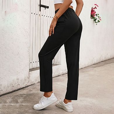 Womens Strsight Leg Work Pants Elastic High Waist Button Trousers Business Casual Pants with Pockets