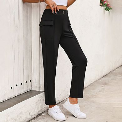 Womens Strsight Leg Work Pants Elastic High Waist Button Trousers Business Casual Pants with Pockets