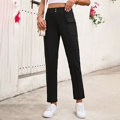 Womens Strsight Leg Work Pants Elastic High Waist Button Trousers Business Casual Pants with Pockets