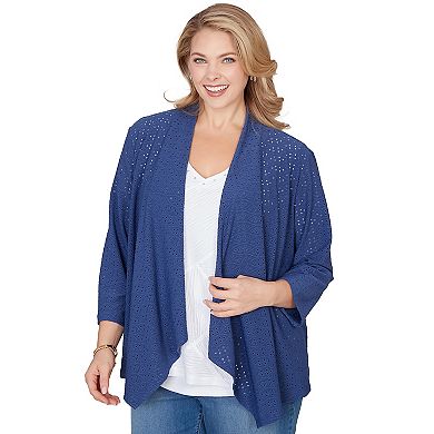 Hearts of Palm Plus Size Smooth Sailing Solid Eyelet Cascade Cardigan With 3/4 Sleeves