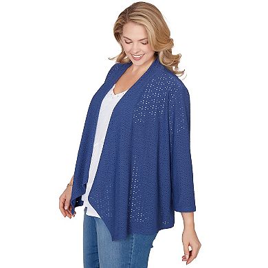 Hearts of Palm Plus Size Smooth Sailing Solid Eyelet Cascade Cardigan With 3/4 Sleeves
