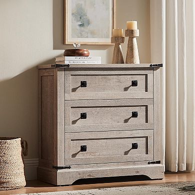32" Farmhouse Nightstand Charging Station 3-Drawer Bedside Table