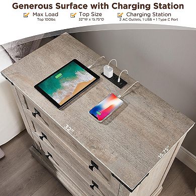 32" Farmhouse Nightstand Charging Station 3-Drawer Bedside Table
