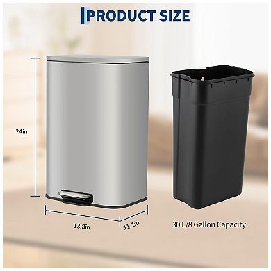 8 Gal Kitchen Trash Can, Fingerprint-Proof Stainless Steel Garbage Can with Soft-Close Lid