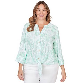 Hearts of Palm Plus Size All Sun And Games Printed Eyelet Gauze Tie Front Top With 3/4 Sleeves