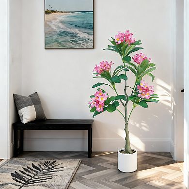 4ft Artificial Plumeria Tree, Pink Frangipani Plant in Pot for Home Office Decor