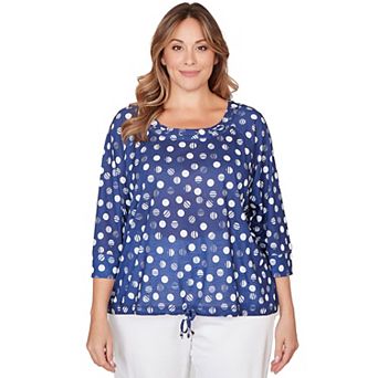 Hearts of Palm Plus Size Smooth Sailing Printed Poly Slub 3/4 Sleeve Grommet Neck Blouson