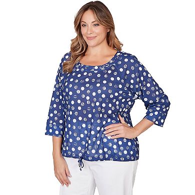 Hearts of Palm Plus Size Smooth Sailing Printed Poly Slub 3/4 Sleeve Grommet Neck Blouson