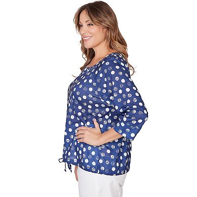 Hearts of Palm Plus Size Smooth Sailing Printed Poly Slub 3/4 Sleeve Grommet Neck Blouson