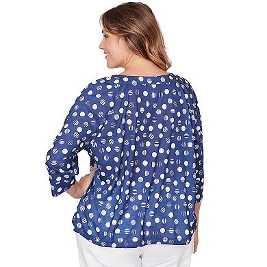 Hearts of Palm Plus Size Smooth Sailing Printed Poly Slub 3/4 Sleeve Grommet Neck Blouson