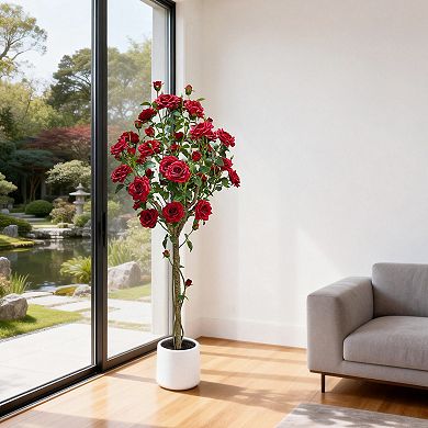 Artificial Tree with Plastic Trunk and Silk Flowers in a Round Pot, Faux Plant for Indoor Decor