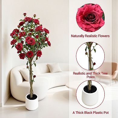 Artificial Tree with Plastic Trunk and Silk Flowers in a Round Pot, Faux Plant for Indoor Decor