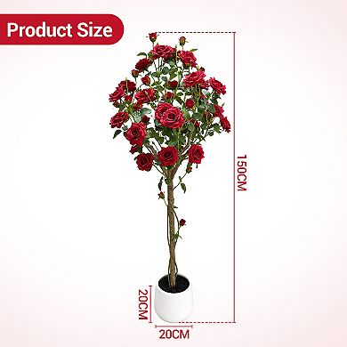 Artificial Tree with Plastic Trunk and Silk Flowers in a Round Pot, Faux Plant for Indoor Decor