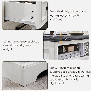 18" Farmhouse Nightstand Charging Station 2-Drawer Bedside Cabinet