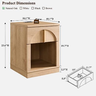 18" Modern Arched Nightstand with Charging Station Drawer Shelf