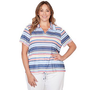 Hearts of Palm Plus Size Smooth Sailing Printed Poly Slub Short Sleeve Polo Blouson Top
