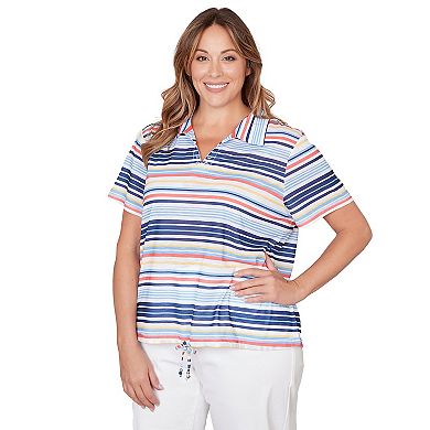Hearts of Palm Plus Size Smooth Sailing Printed Poly Slub Short Sleeve Polo Blouson Top