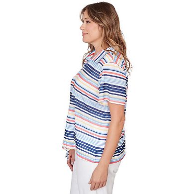 Hearts of Palm Plus Size Smooth Sailing Printed Poly Slub Short Sleeve Polo Blouson Top