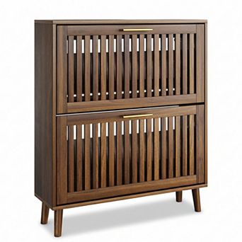 Homy Casa 31.5" Walnut Shoe Cabinet with 2 Flip Drawers, Modern Slatted Storage for Entryway