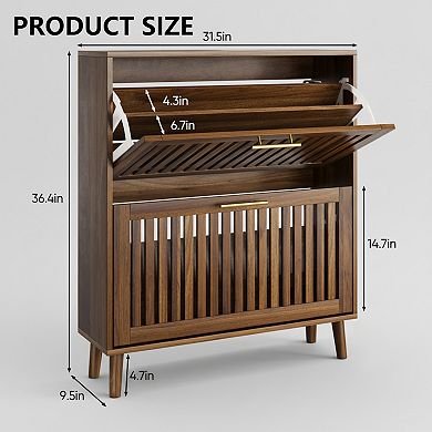 Homy Casa 31.5" Walnut Shoe Cabinet with 2 Flip Drawers, Modern Slatted Storage for Entryway