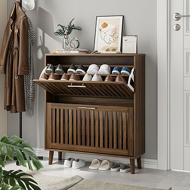 Homy Casa 31.5" Walnut Shoe Cabinet with 2 Flip Drawers, Modern Slatted Storage for Entryway
