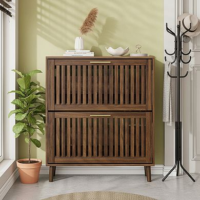 Homy Casa 31.5" Walnut Shoe Cabinet with 2 Flip Drawers, Modern Slatted Storage for Entryway