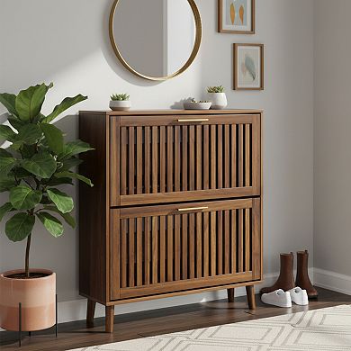 Homy Casa 31.5" Walnut Shoe Cabinet with 2 Flip Drawers, Modern Slatted Storage for Entryway