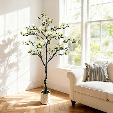 6FT Artificial Magnolia Tree in Pot, Magnolia Flowers, Faux Flowering Tree with Realistic Blooms