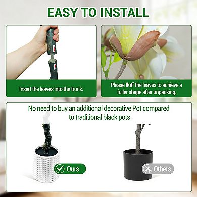 6FT Artificial Magnolia Tree in Pot, Magnolia Flowers, Faux Flowering Tree with Realistic Blooms