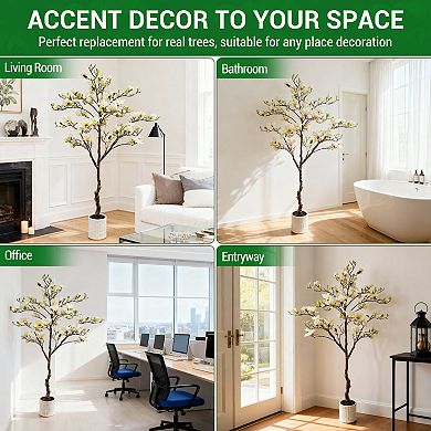 6FT Artificial Magnolia Tree in Pot, Magnolia Flowers, Faux Flowering Tree with Realistic Blooms