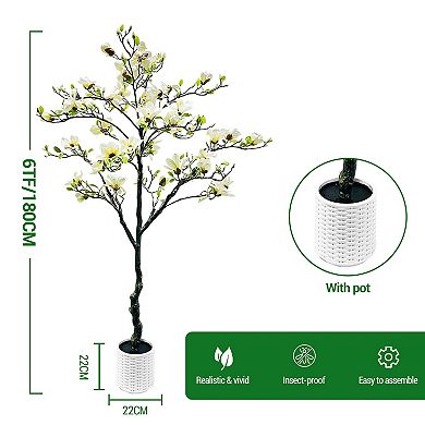 6FT Artificial Magnolia Tree in Pot, Magnolia Flowers, Faux Flowering Tree with Realistic Blooms