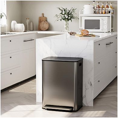 16 Gallon/60l Dual Compartment Trash Can, Stainless Steel Step Recycling Bin