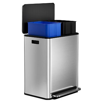 16 Gallon/60l Dual Compartment Trash Can, Stainless Steel Step Recycling Bin