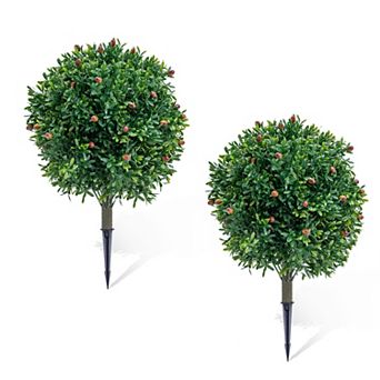 2 pc Artificial Olive Topiary Trees with Fruits, PE Leaves & Flowers on Plastic Stems, Metal Stakes