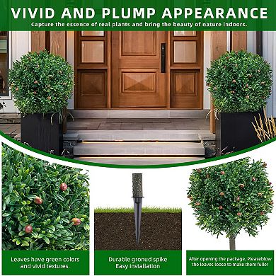 2pcs Artificial Olive Topiary Trees with Fruits, PE Leaves & Flowers on Plastic Stems, Metal Stakes