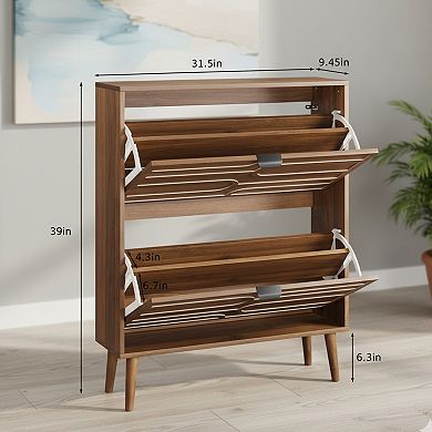 Homy Casa 31.5" Mid-Century Shoe Cabinet with 2 Flip Drawers, Walnut Entryway Storage