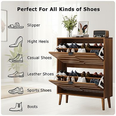Homy Casa 31.5" Mid-Century Shoe Cabinet with 2 Flip Drawers, Walnut Entryway Storage
