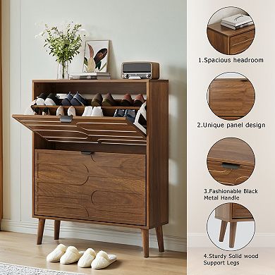 Homy Casa 31.5" Mid-Century Shoe Cabinet with 2 Flip Drawers, Walnut Entryway Storage