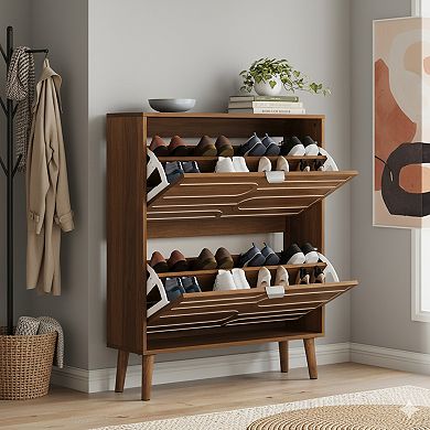 Homy Casa 31.5" Mid-Century Shoe Cabinet with 2 Flip Drawers, Walnut Entryway Storage