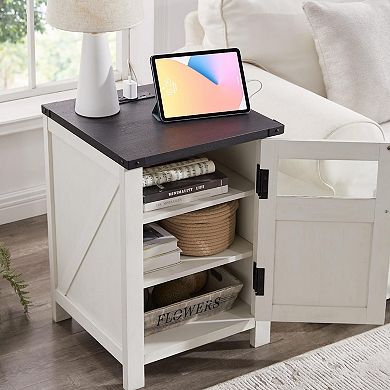 18'' Farmhouse End Table Charging Station Barn Door Adjustable Shelf