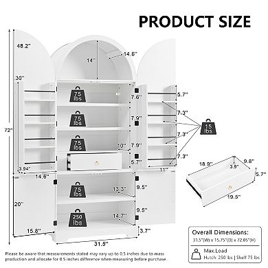 Homy Casa 72" Tall Arched Pantry Cabinet with Adjustable Shelves for Kitchen or Dining Room